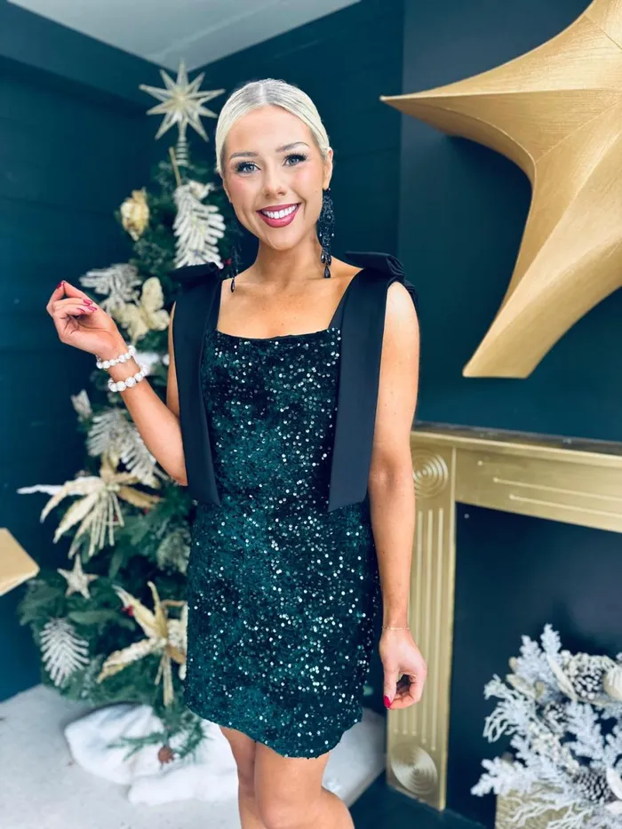 Women Day Dress Canella Lane Jude Bow Detail Sequin Mini Dress Forest