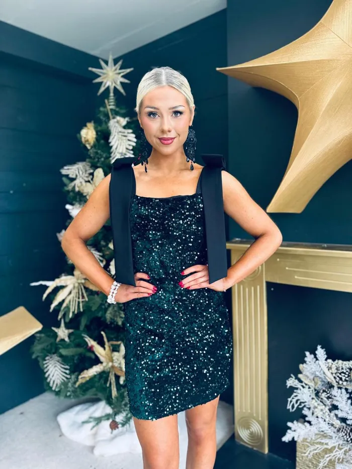 Women Day Dress Canella Lane Jude Bow Detail Sequin Mini Dress Forest