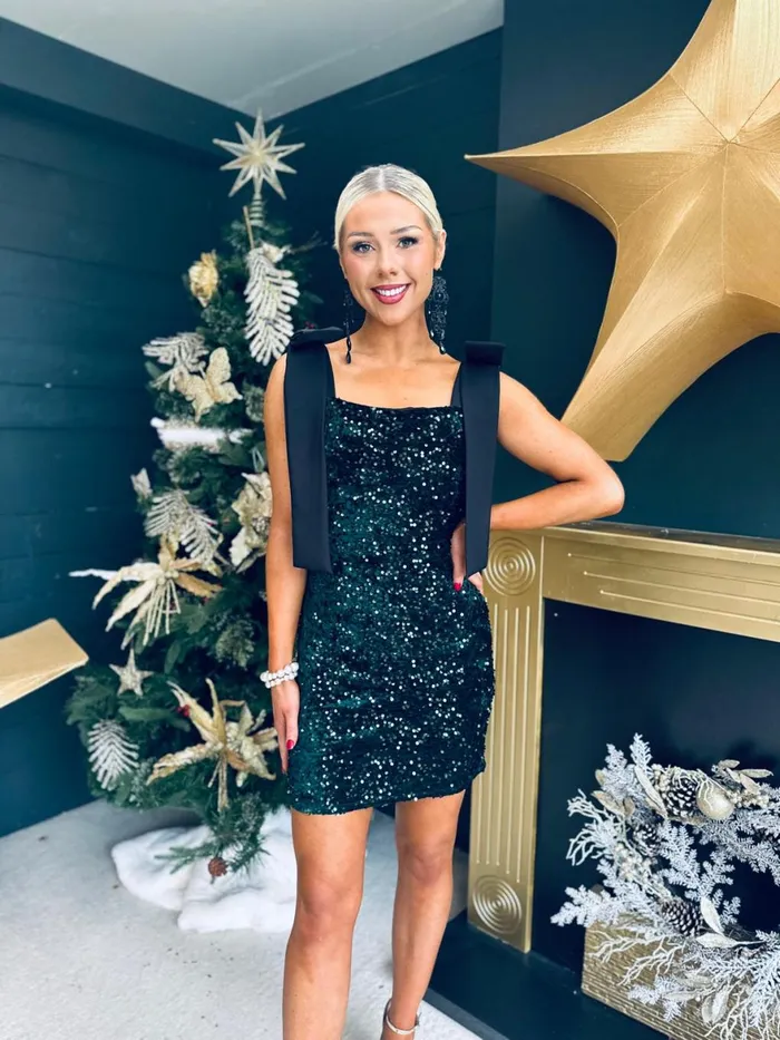 Women Day Dress Canella Lane Jude Bow Detail Sequin Mini Dress Forest