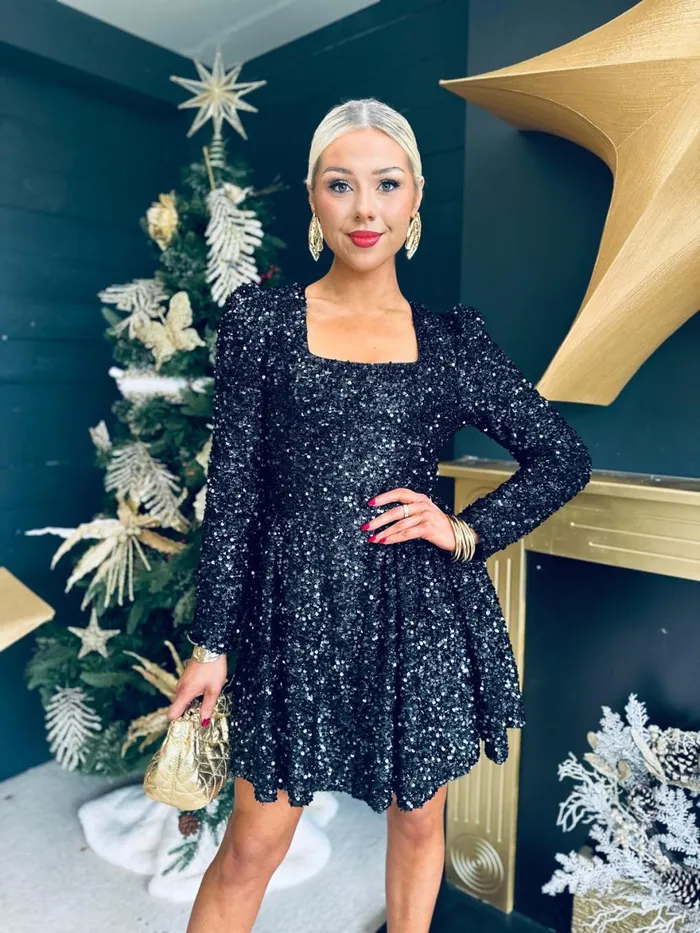 Women Day Dress Canella Lane Rhonda Square Neck Sequin Mini Dress Black
