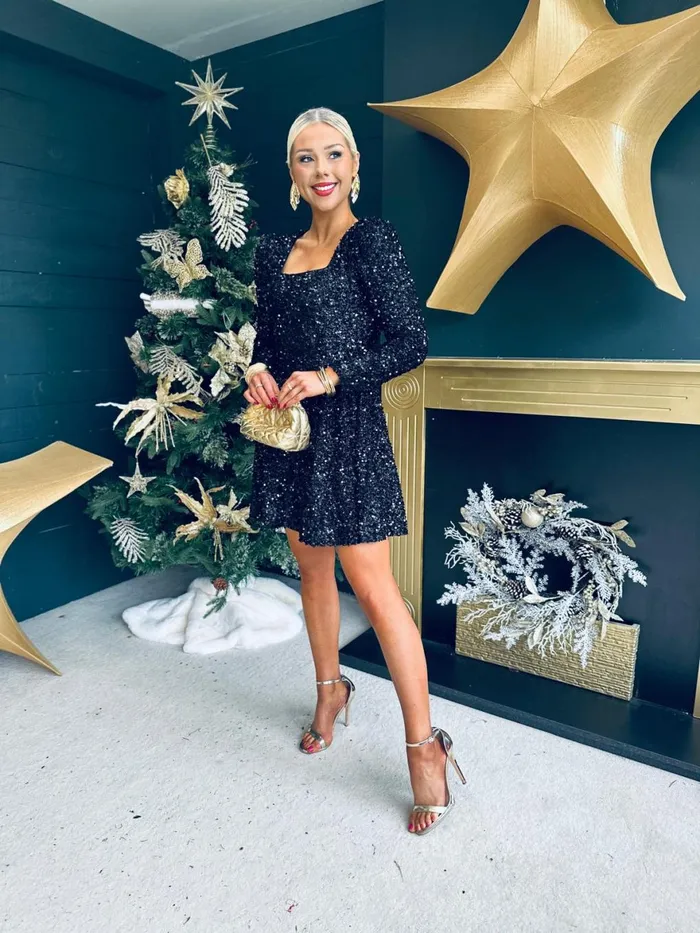 Women Day Dress Canella Lane Rhonda Square Neck Sequin Mini Dress Black