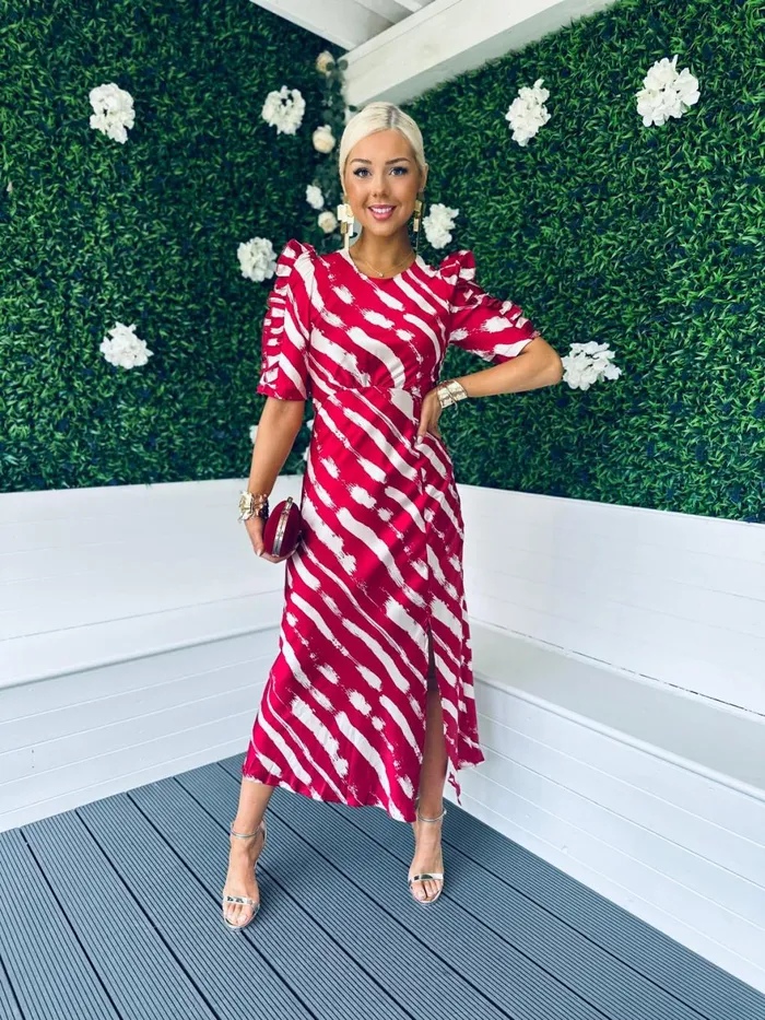 Women Day Dress Canella Lane Samira Frill Sleeve Midi Dress Ruby