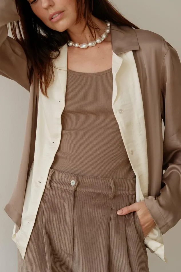 Women DONNI Tops The Silky Bowling Shirt Mushroom