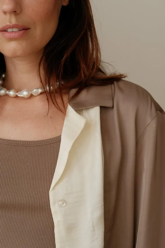 Women DONNI Tops The Silky Bowling Shirt Mushroom