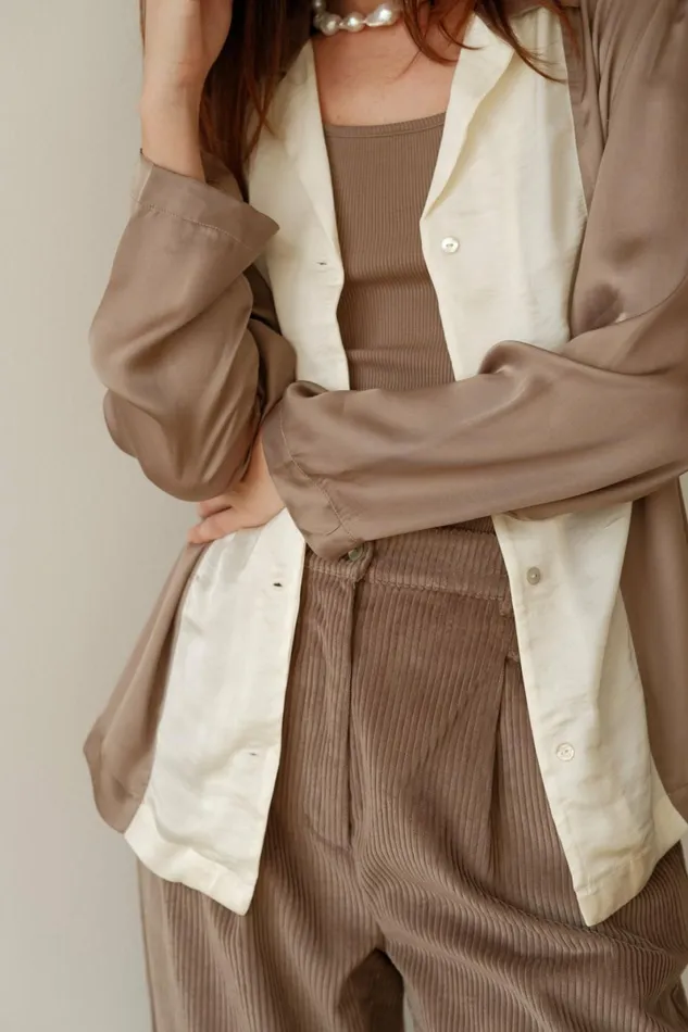 Women DONNI Tops The Silky Bowling Shirt Mushroom
