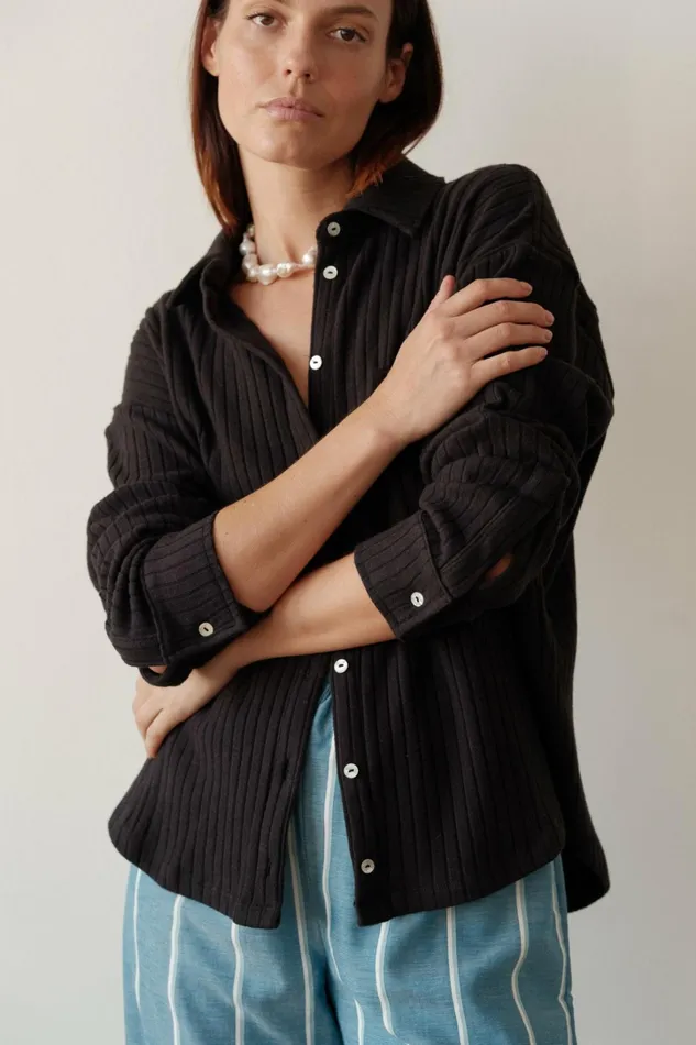 Women DONNI Tops The Sweater Rib Button Down