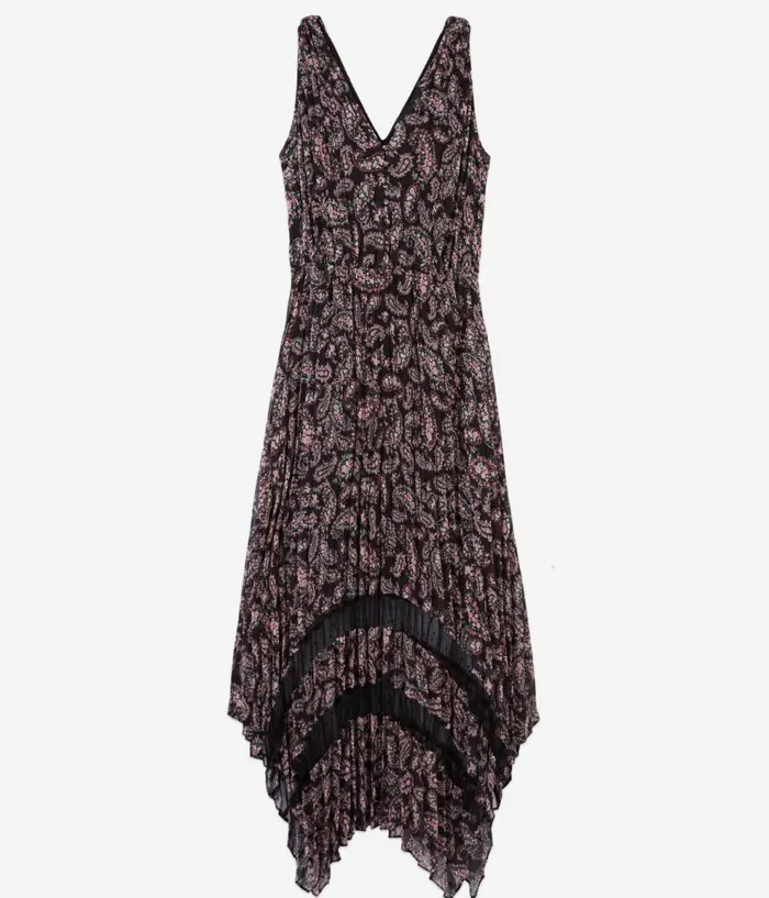 Women Dresses and Jumpsuits THE KOOPLES Black And Pink Paisley Print Pleated Long Dress With Mesh Inserts Women Dresses and Jumpsuits THE KOOPLES Black And Pink Paisley Print Pleated Long Dress With Mesh Inserts
