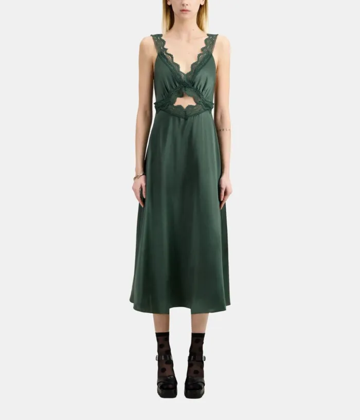 Women Dresses and Jumpsuits THE KOOPLES Long Green Slip Dress With Guipure Women Dresses and Jumpsuits THE KOOPLES Long Green Slip Dress With Guipure