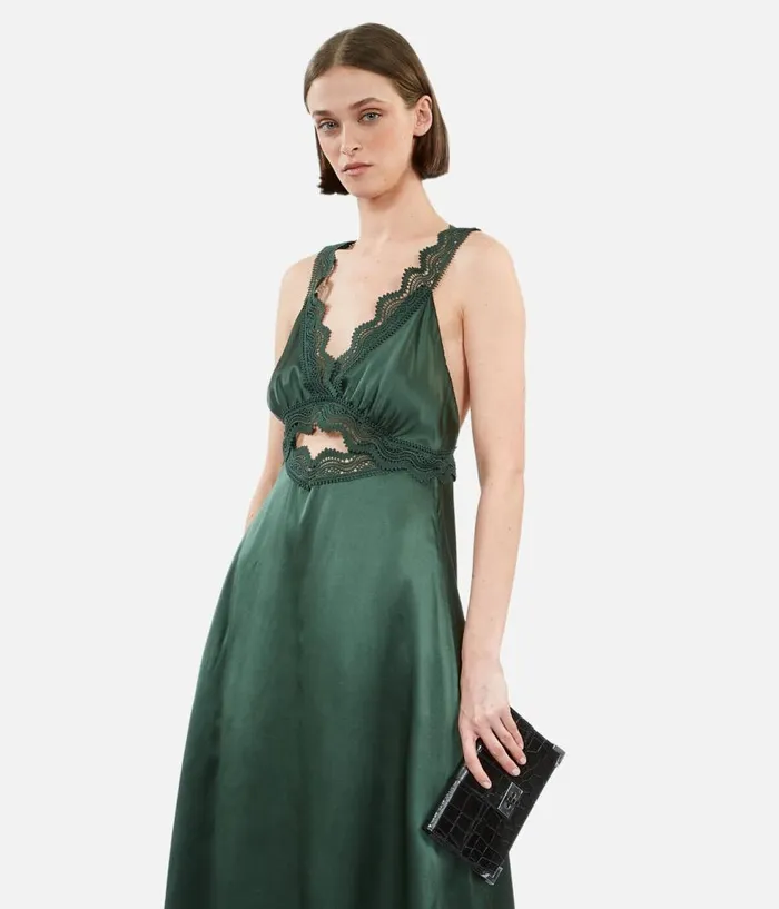 Women Dresses and Jumpsuits THE KOOPLES Long Green Slip Dress With Guipure Women Dresses and Jumpsuits THE KOOPLES Long Green Slip Dress With Guipure