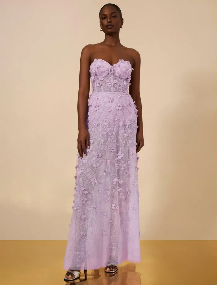 Women Dresses BCBG Poppy Strapless Floral Appliqu Gown Fragrant Lilac