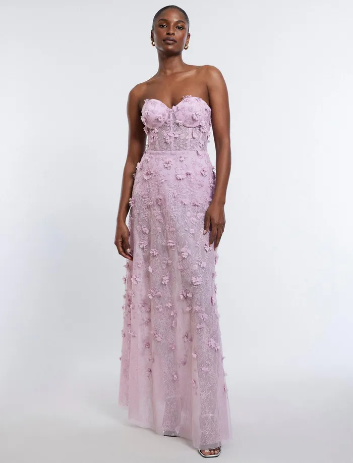 Women Dresses BCBG Poppy Strapless Floral Appliqu Gown Fragrant Lilac