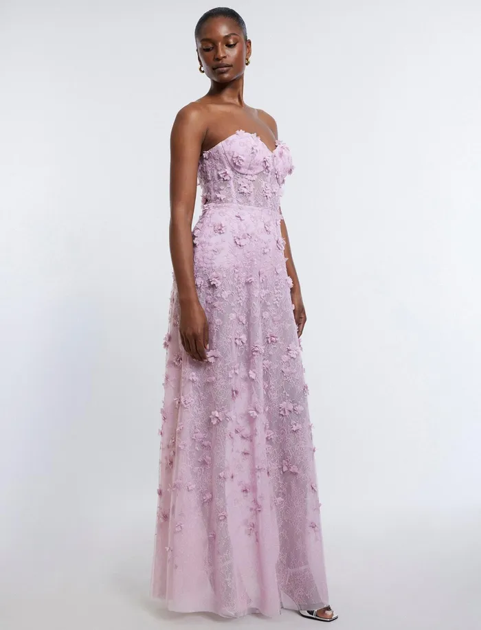 Women Dresses BCBG Poppy Strapless Floral Appliqu Gown Fragrant Lilac