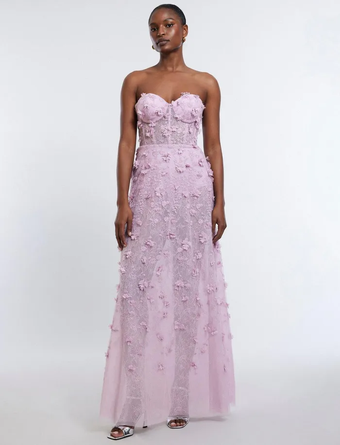 Women Dresses BCBG Poppy Strapless Floral Appliqu Gown Fragrant Lilac