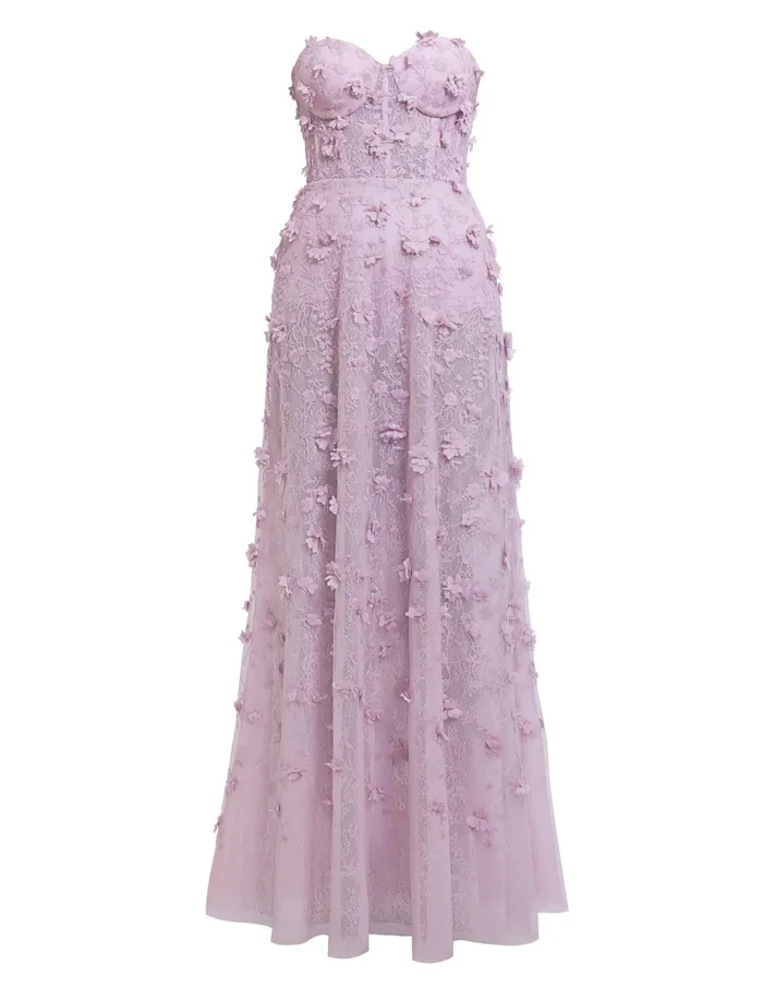 Women Dresses BCBG Poppy Strapless Floral Appliqu Gown Fragrant Lilac