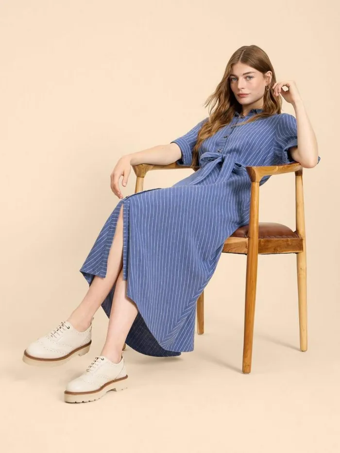 Women DRESSES White Stuff Beth Linen Blend Shirt Dress Blue Multi