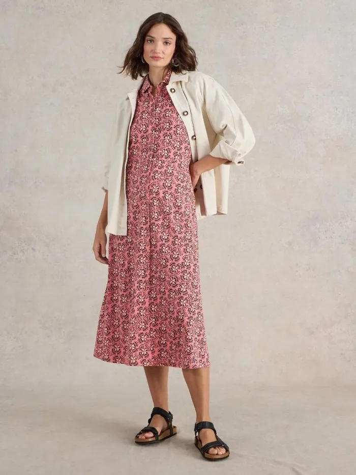 Women DRESSES White Stuff Rua Jersey Shirt Midi Dress Pink Print