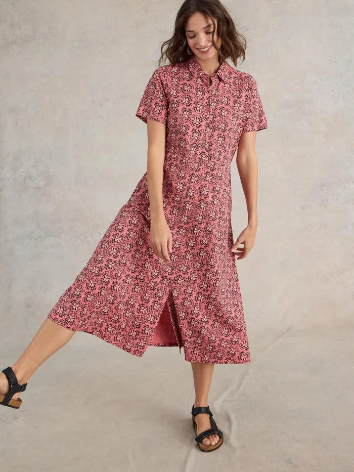 Women DRESSES White Stuff Rua Jersey Shirt Midi Dress Pink Print Women DRESSES White Stuff Rua Jersey Shirt Midi Dress Pink Print