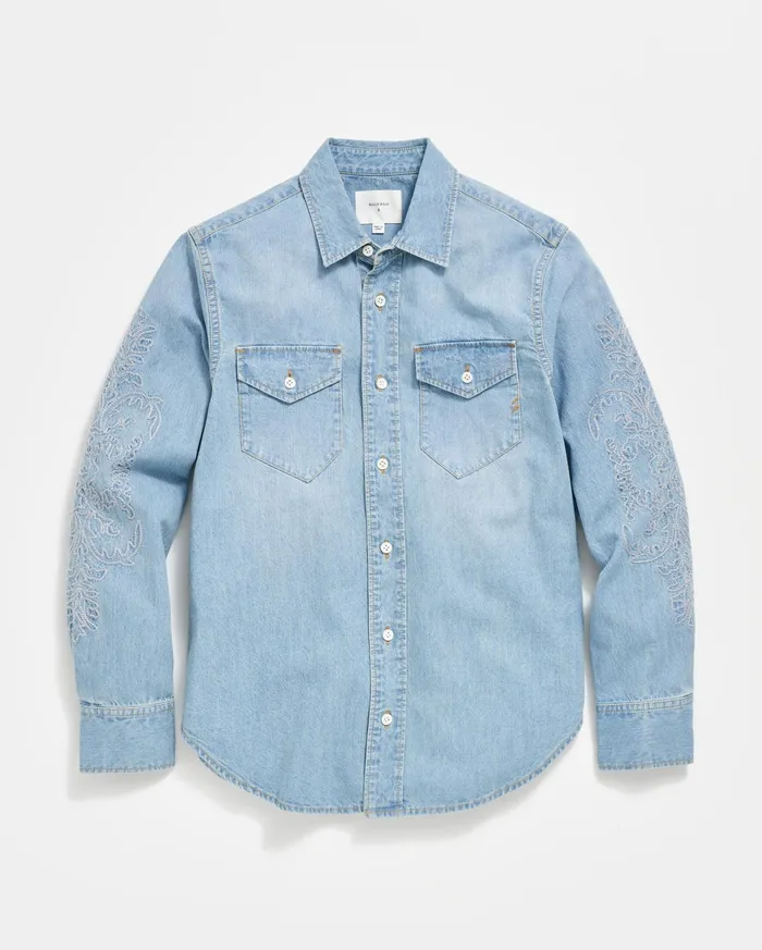 Women Embellished Denim Shirt Washed Denim Billy Reid Tops