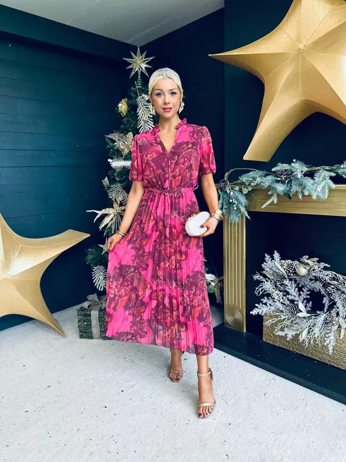 Women Evening Dress Canella Lane Eimear Pleated Midi Dress Floral Ruby