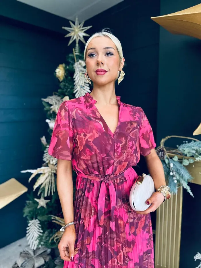 Women Evening Dress Canella Lane Eimear Pleated Midi Dress Floral Ruby