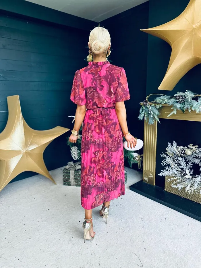 Women Evening Dress Canella Lane Eimear Pleated Midi Dress Floral Ruby