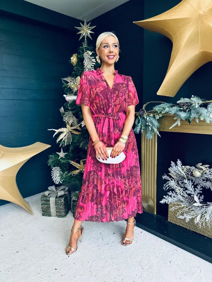 Women Evening Dress Canella Lane Eimear Pleated Midi Dress Floral Ruby