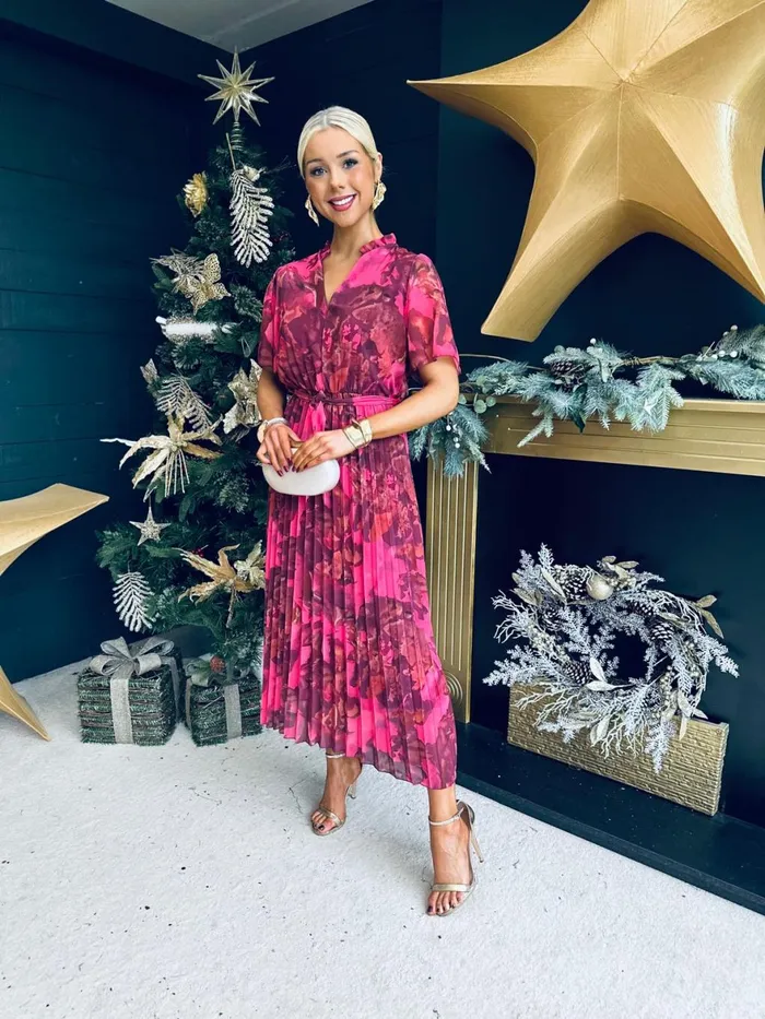 Women Evening Dress Canella Lane Eimear Pleated Midi Dress Floral Ruby