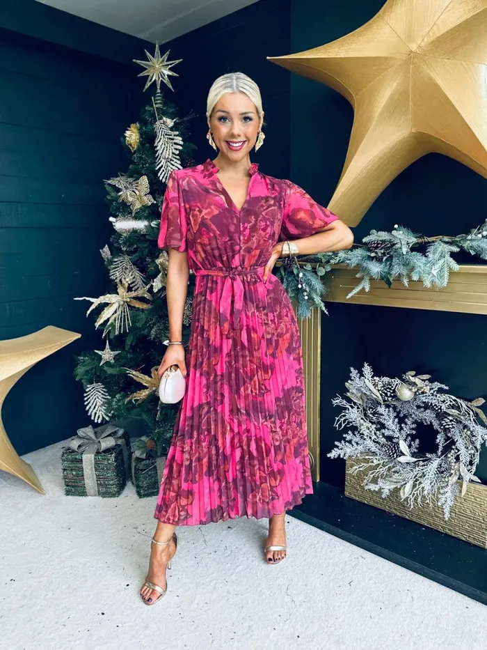 Women Evening Dress Canella Lane Eimear Pleated Midi Dress Floral Ruby
