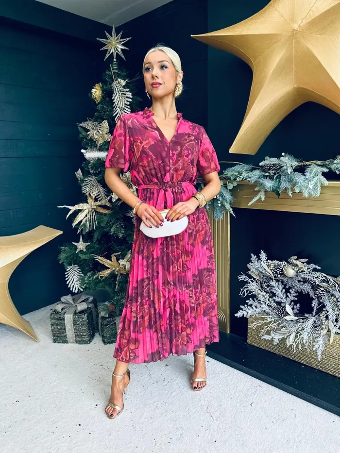 Women Evening Dress Canella Lane Eimear Pleated Midi Dress Floral Ruby