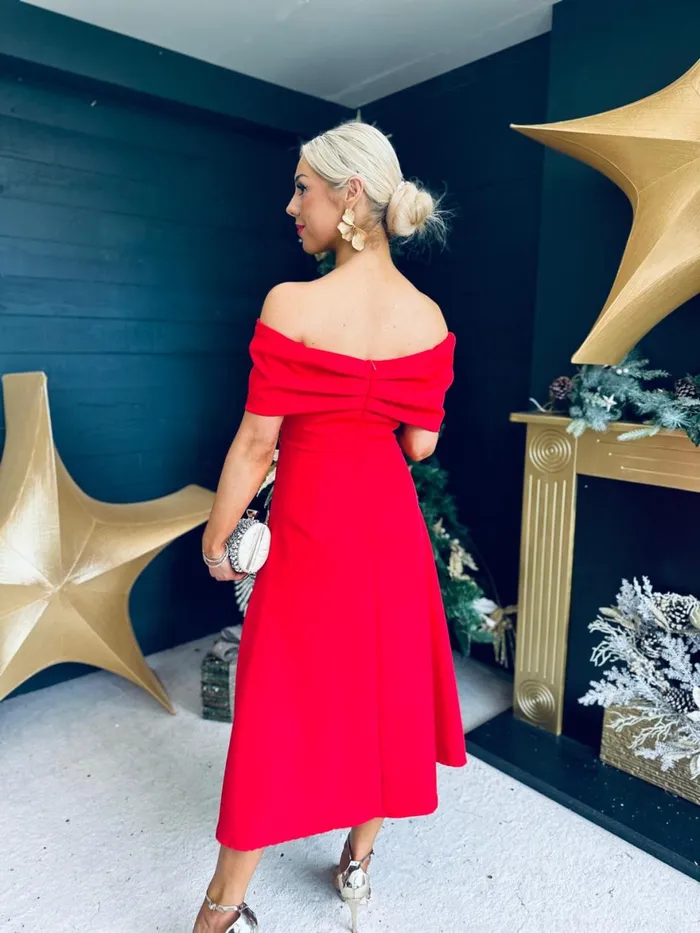 Women Evening Dress Canella Lane Francesca Bardot Occasion Dress Red
