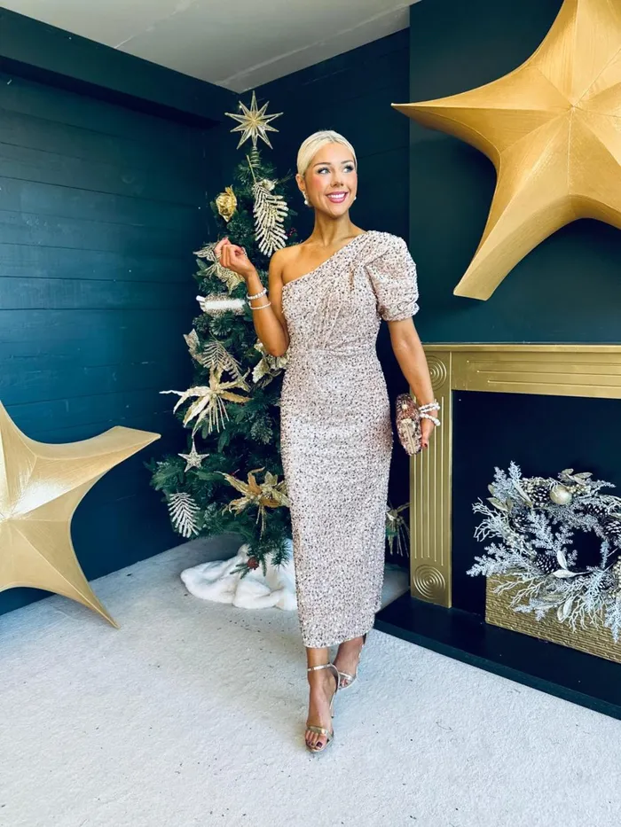 Women Evening Dress Canella Lane Georgia One Shoulder Sequin Midi Dress Gold