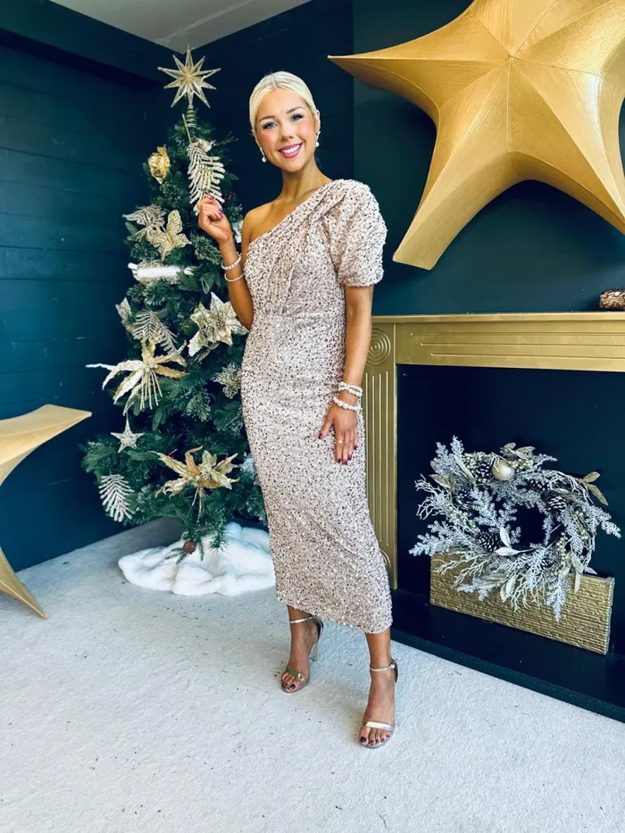 Women Evening Dress Canella Lane Georgia One Shoulder Sequin Midi Dress Gold