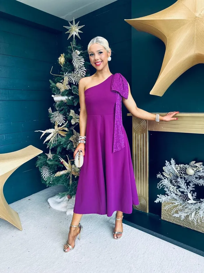 Women Evening Dress Canella Lane Hailey Sequin Bow Detail Dress Plum