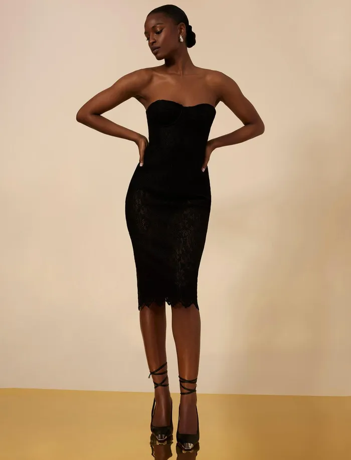 Women Evening Dresses and Gowns BCBG Becca Lace Midi Dress Black