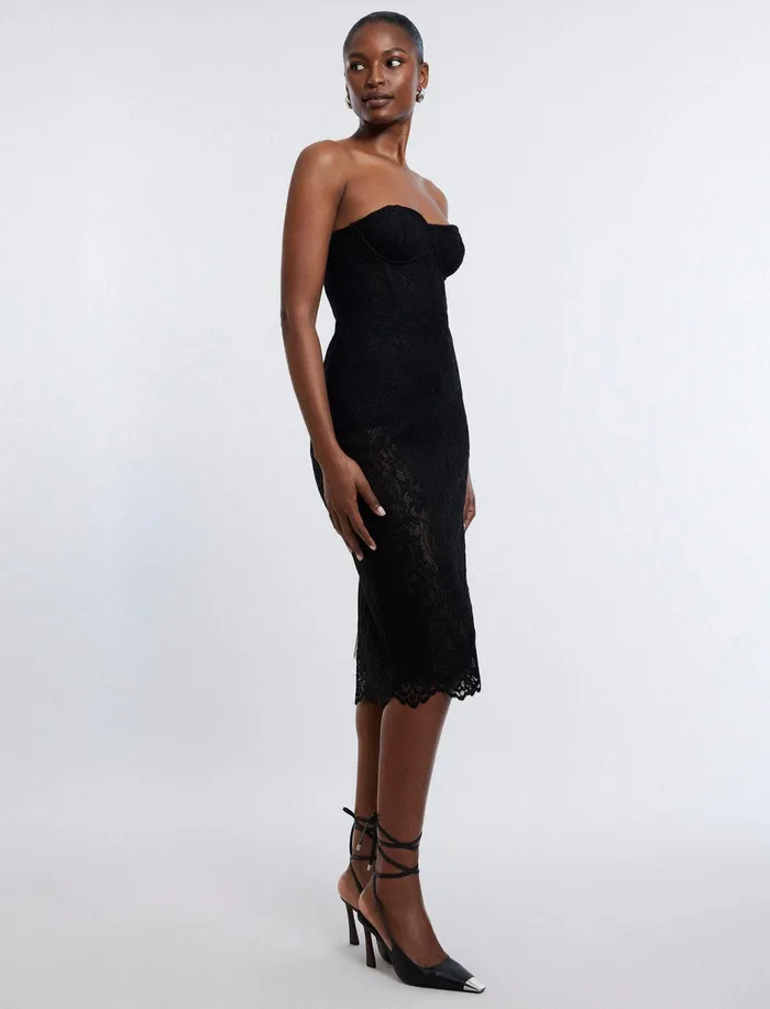 Women Evening Dresses and Gowns BCBG Becca Lace Midi Dress Black