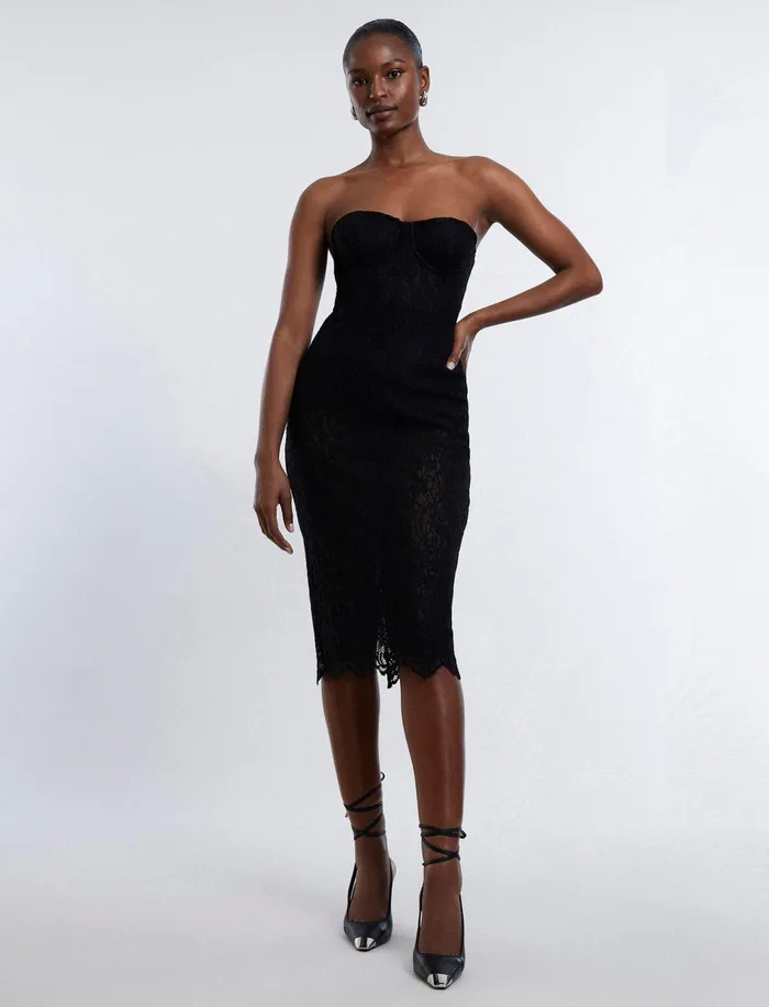 Women Evening Dresses and Gowns BCBG Becca Lace Midi Dress Black