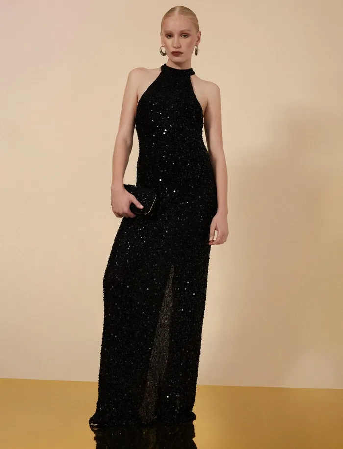 Women Evening Dresses and Gowns BCBG Jules Beaded SemiSheer Halter Gown Black