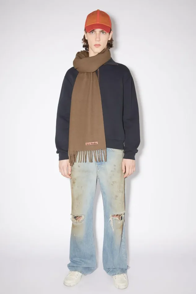 Women Fringe Wool Scarf Narrow Caramel Brown Acne Studios Scarves