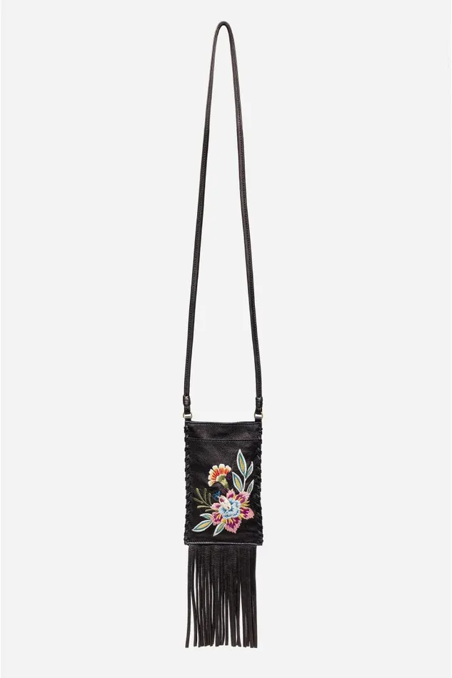 Women Handbags Johnny Was JULIANA TASSEL ITALIAN LEATHER CELLPHONE CROSSBODY Black