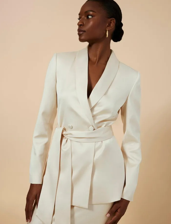 Women Jackets and Blazers BCBG Harrison Satin Blazer Champagne