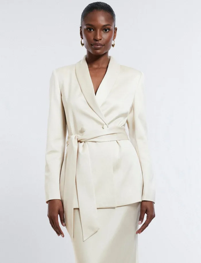 Women Jackets and Blazers BCBG Harrison Satin Blazer Champagne