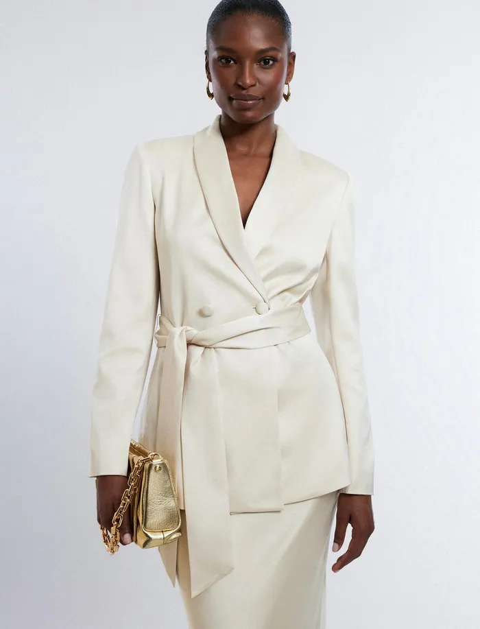 Women Jackets and Blazers BCBG Harrison Satin Blazer Champagne
