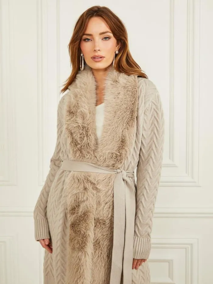 Women Jackets Marciano Paula FauxFur Long Cardigan Sweater Fawn Taupe