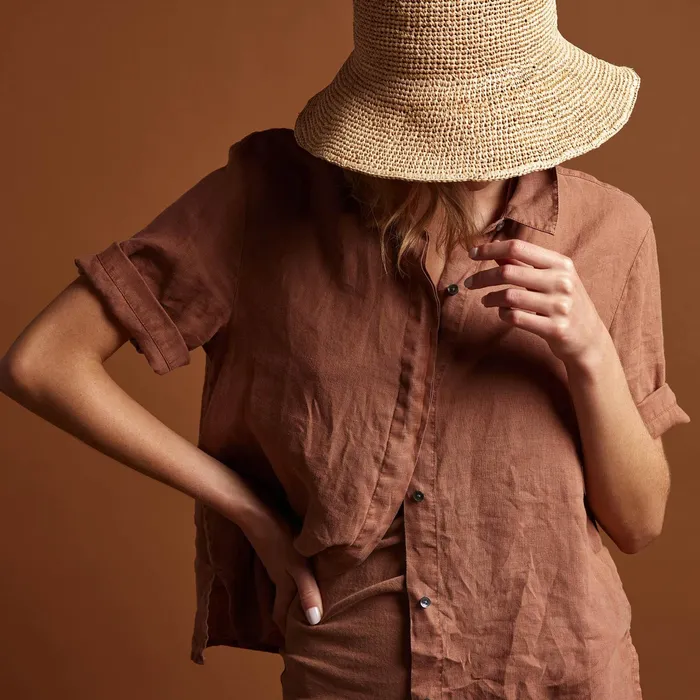 WOMEN James Perse SHIRTING Short Sleeve Linen Shirt Nutmeg Pigment
