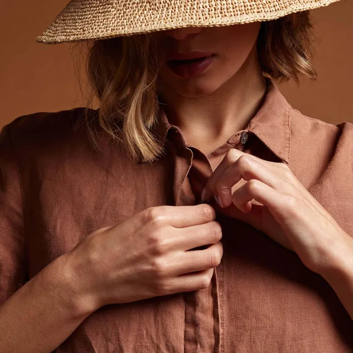 WOMEN James Perse SHIRTING Short Sleeve Linen Shirt Nutmeg Pigment