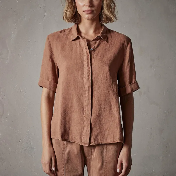 WOMEN James Perse SHIRTING Short Sleeve Linen Shirt Nutmeg Pigment