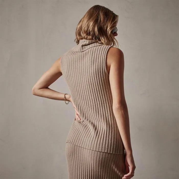 WOMEN James Perse SWEATERS Ribbed Cashmere Sleeveless Turtleneck Mocha