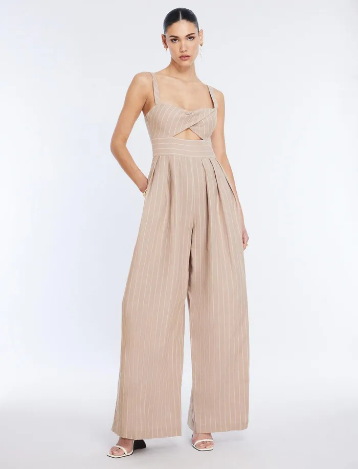 Women Jumpsuits and Rompers BCBG Hadie Linen Keyhole Jumpsuit Khakiwhite