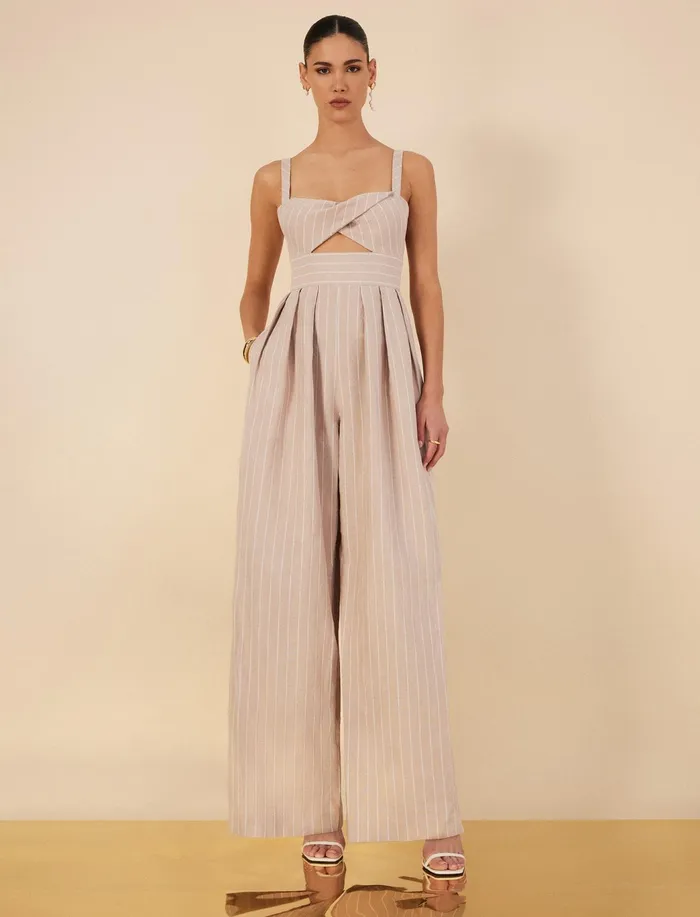 Women Jumpsuits and Rompers BCBG Hadie Linen Keyhole Jumpsuit Khakiwhite