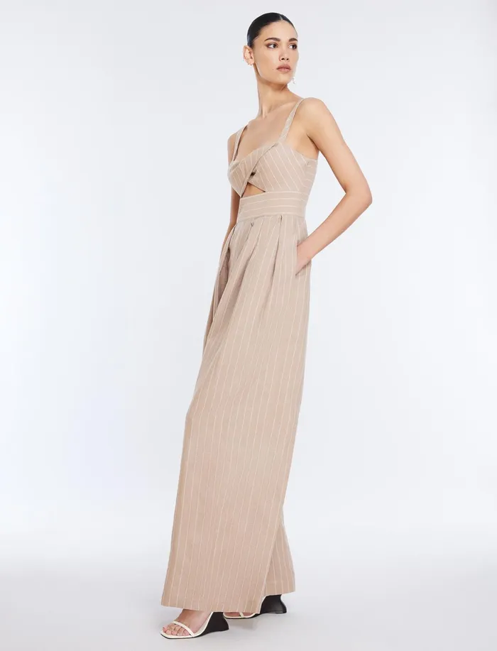 Women Jumpsuits and Rompers BCBG Hadie Linen Keyhole Jumpsuit Khakiwhite
